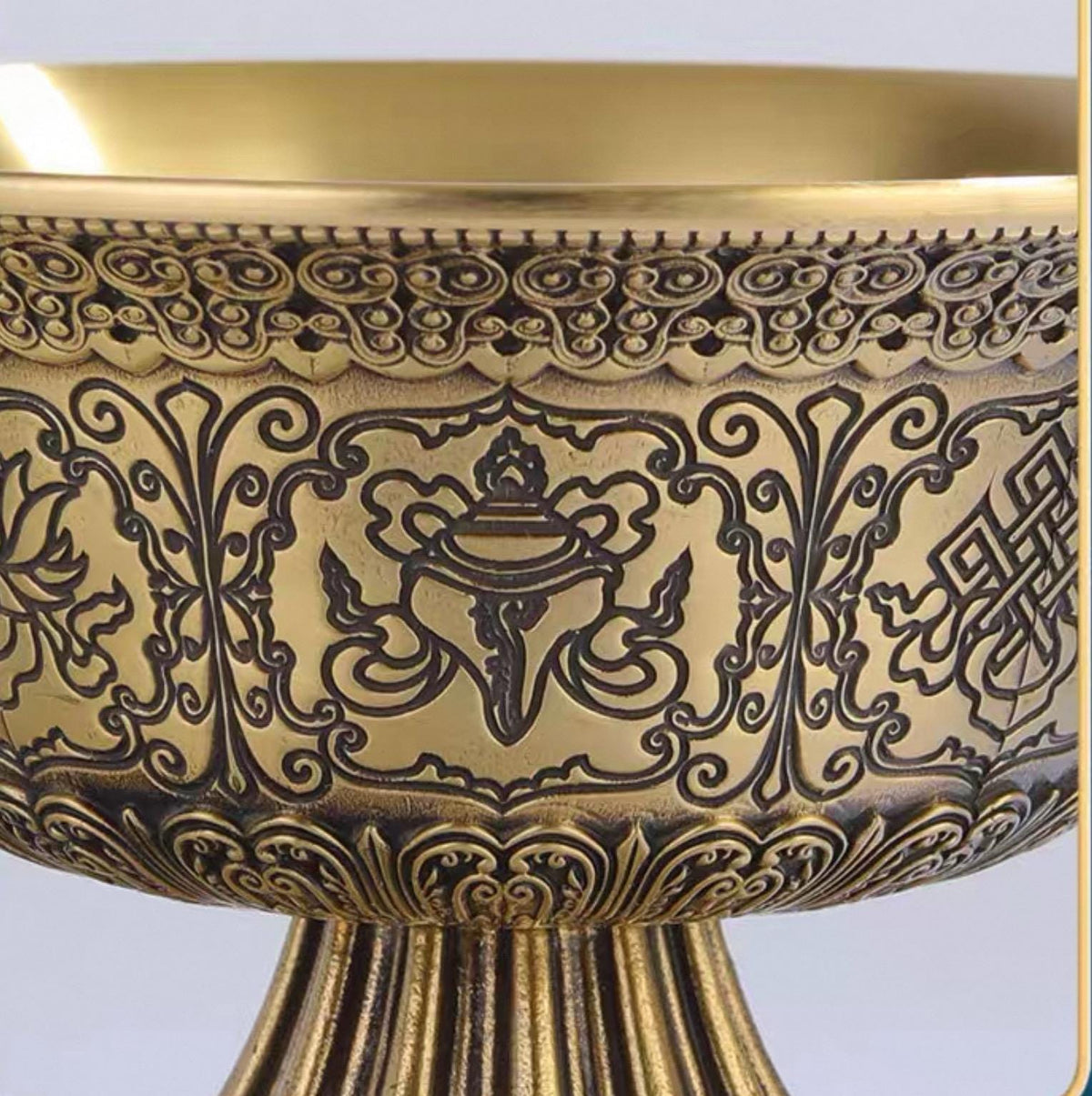 Handcrafted Tibetan Brass Offering Bowl with Eight Auspicious Symbols High-Footed Water Cup for Altar Ritual Use