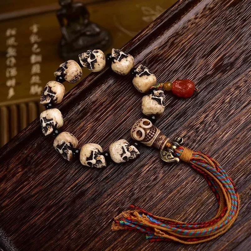Handcrafted Tibetan Skull Mala Bracelet Camel Bone Amulet Beads