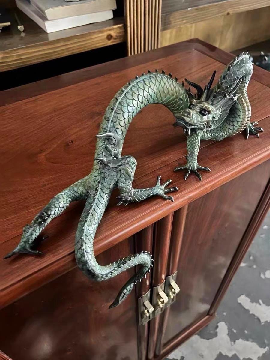 Brass Dragon Loong Statue, Tibetan Handcrafted Copper Good Fortune Protection Figurine, Office Home Decor Unique Gift Desk Decor