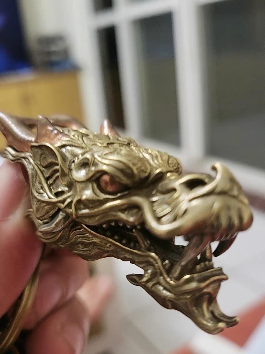 Brass Dragon Head Keychain Handmade Vintage Metal Car Key Ring Unique Gift for Men Eastern Design
