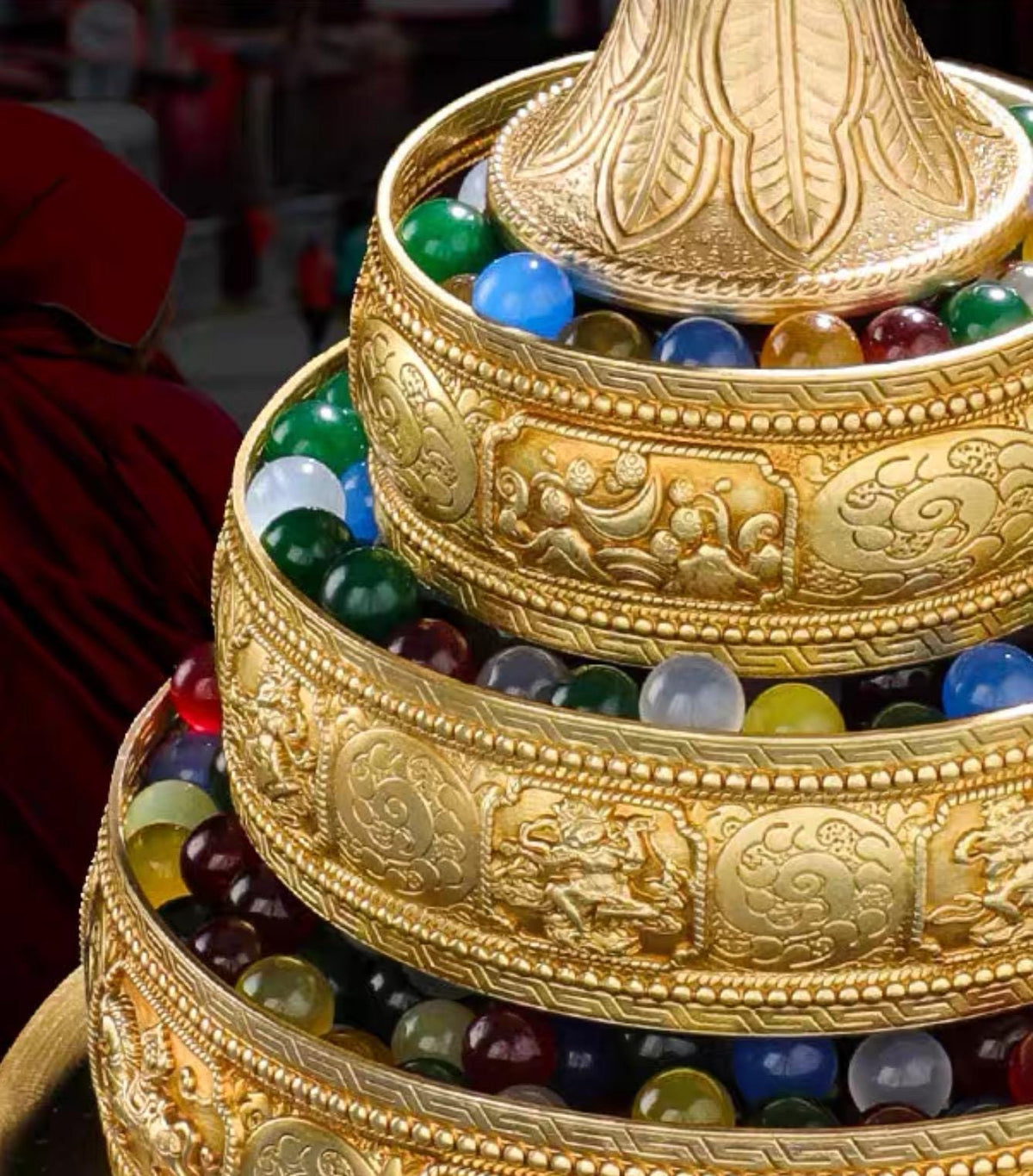 10” Handmade Brass Mandala Offering Set Tibetan Eight Auspicious Symbols, 2 lbs free gem included