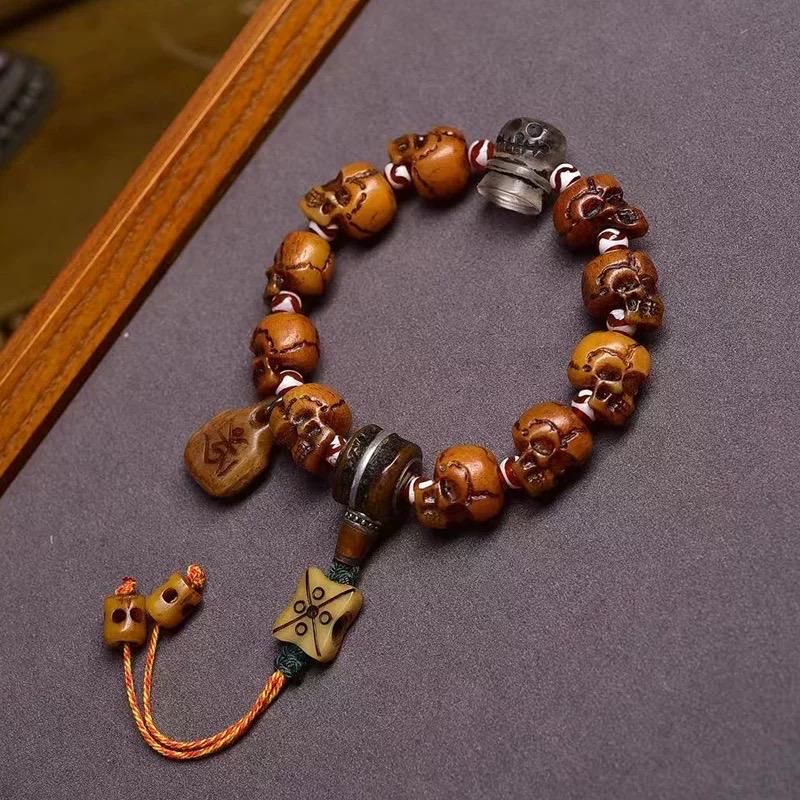 Tibetan Yak Bone Skull Bead Bracelet | Handcrafted Cemetery Mala | Reclaimed Bone Spiritual Jewelry