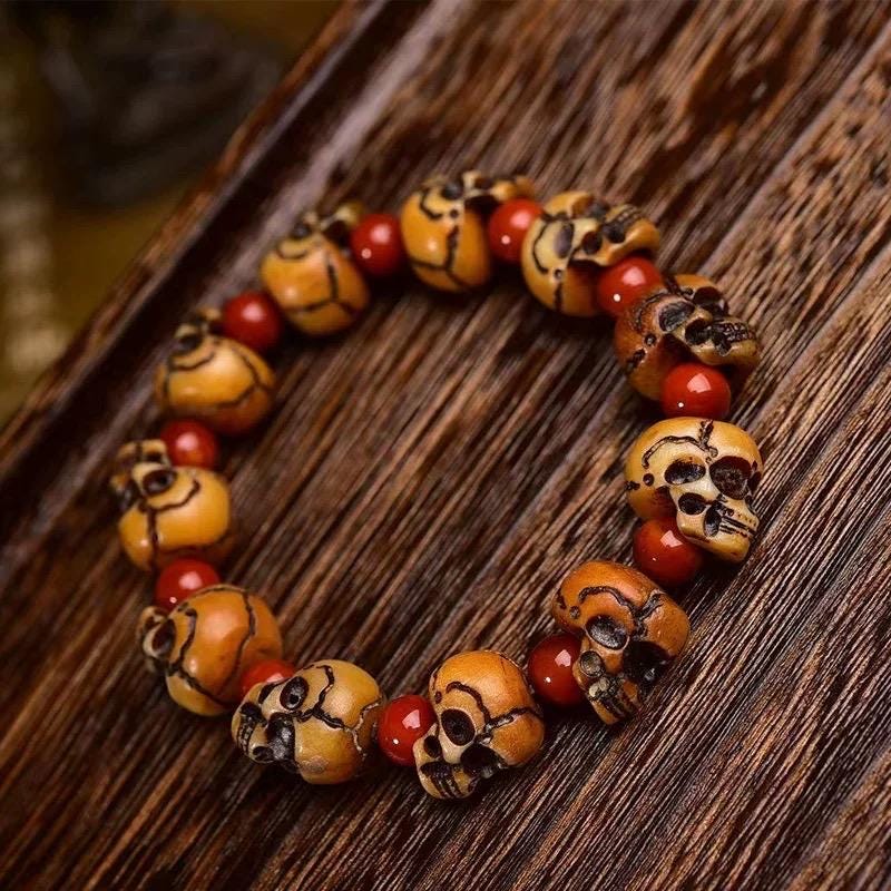 Handmade Tibetan Camel Bone Bracelet Citipati Skull Design customizable circumference available