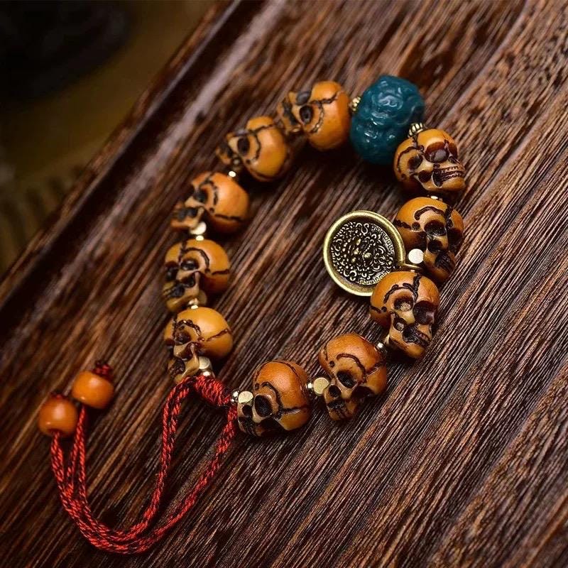 Handmade Tibetan Camel Bone Bracelet Citipati Skull Design customizable circumference available