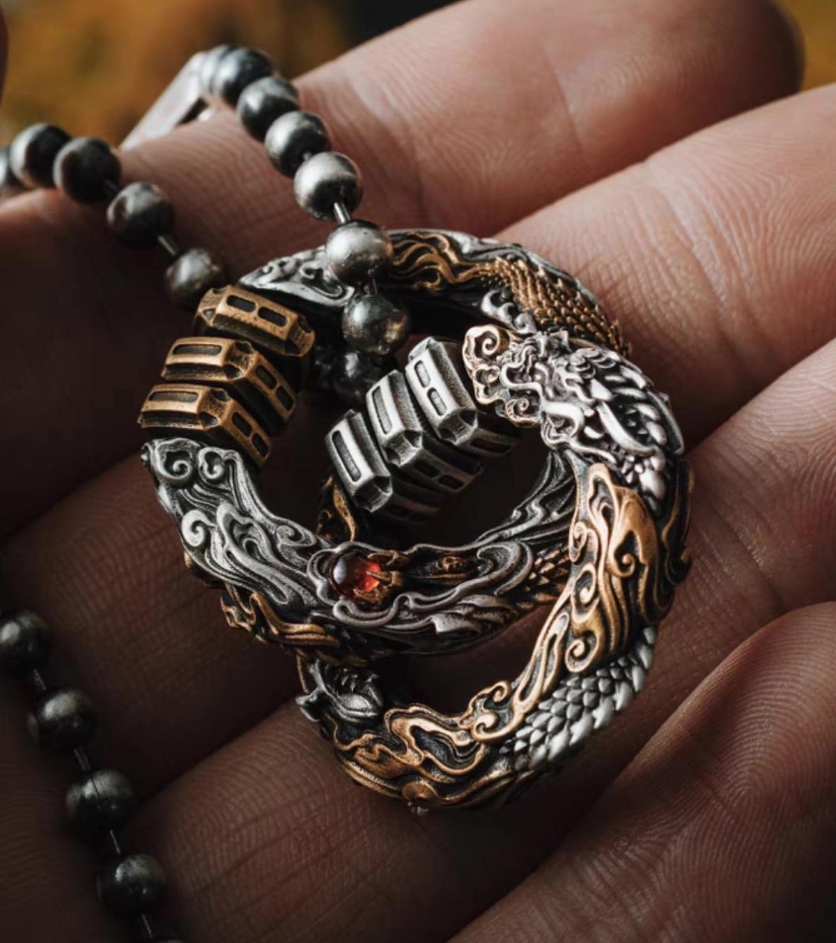 Handmade Daoist Heaven-Earth Circle Pendant, Silver & Brass Amulet Necklace with Red Zircon, Green Chalcedony