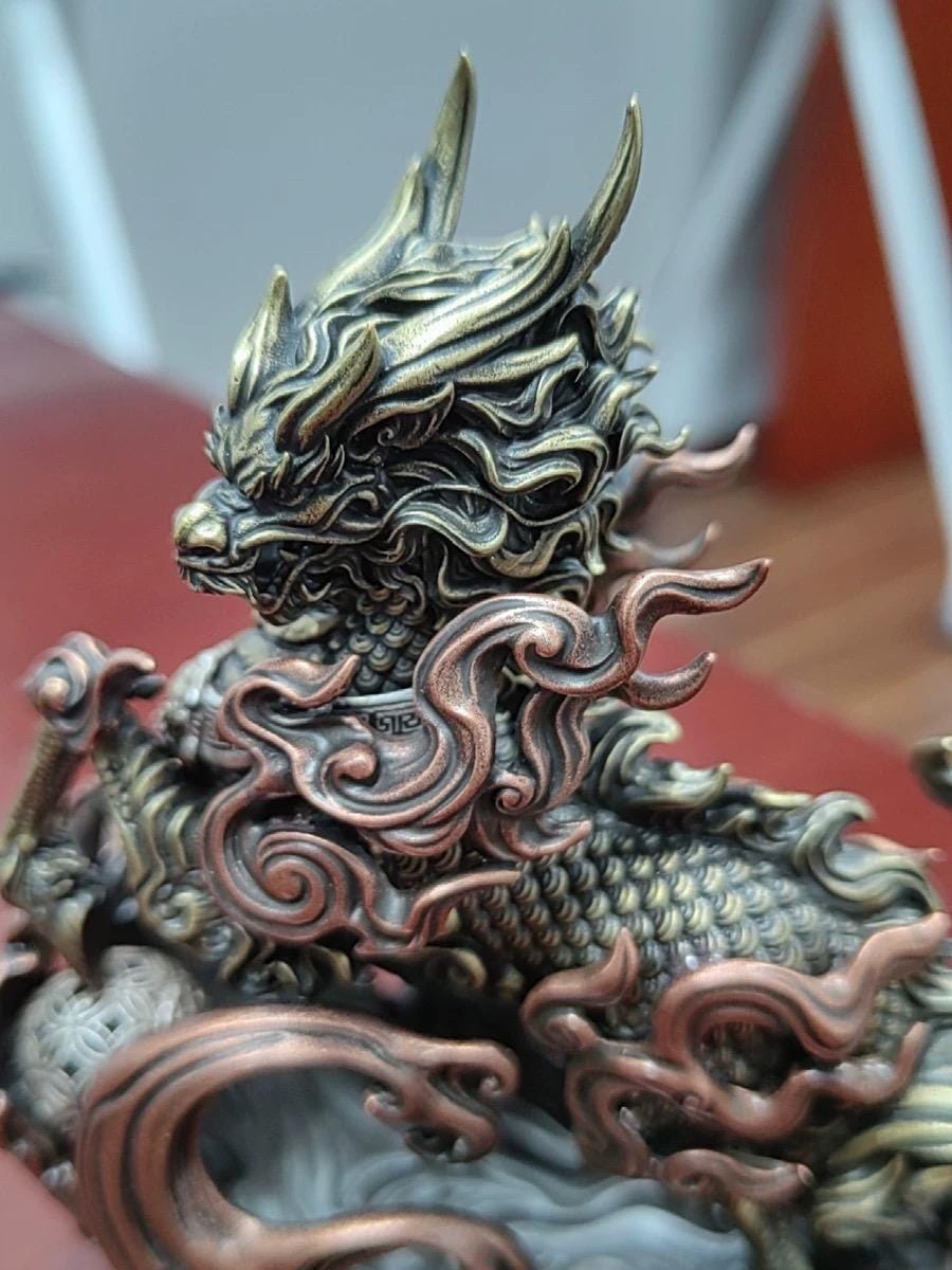 Kirin Brass Silver Statue, Tibetan Handcrafted Copper Good Fortune Protection Figurine, Office Home Decor, Unique Gift Desk Decor
