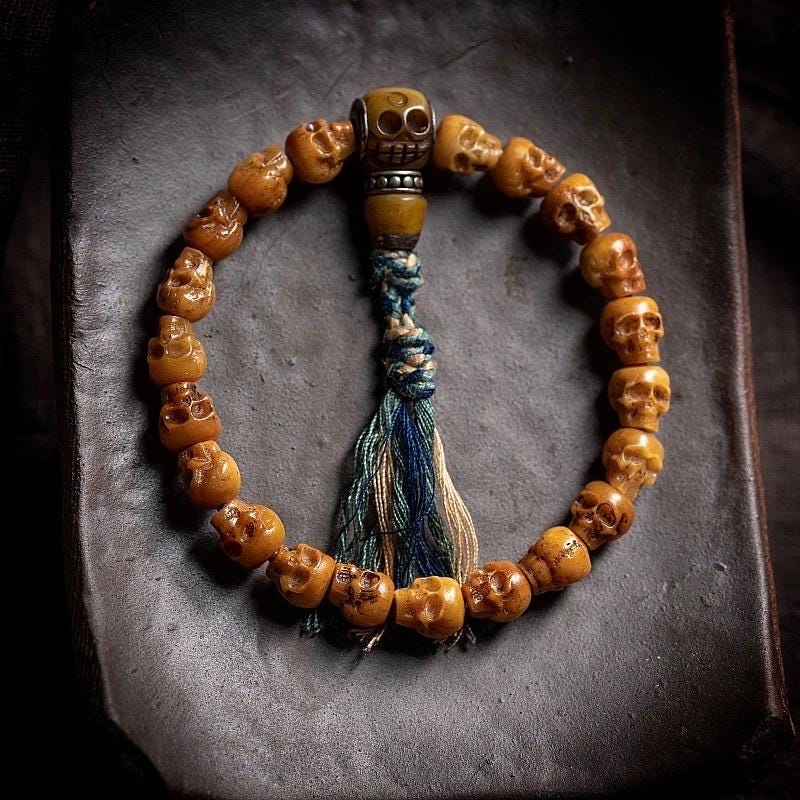 Handcrafted Tibetan Skull Shape Yak Bone Mala Bracelet, 108 Beads Buddhist Prayer Beads for Meditation, Yoga, and Spiritual Healing