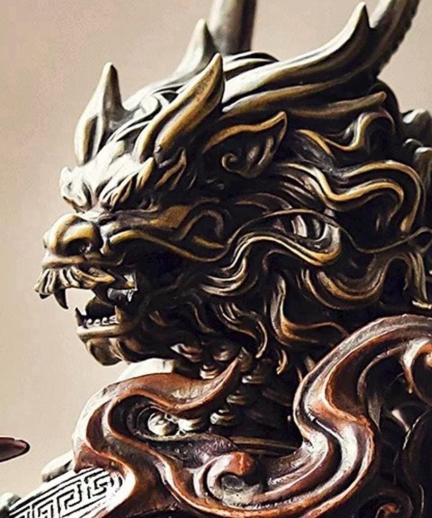 Kirin Brass Silver Statue, Tibetan Handcrafted Copper Good Fortune Protection Figurine, Office Home Decor, Unique Gift Desk Decor