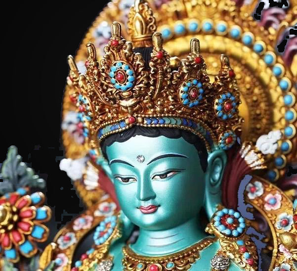 Handcrafted Green Tara Brass Statue – Nepalese Style Tibetan Buddhist Deity with Painted Back Panel (9 inch)