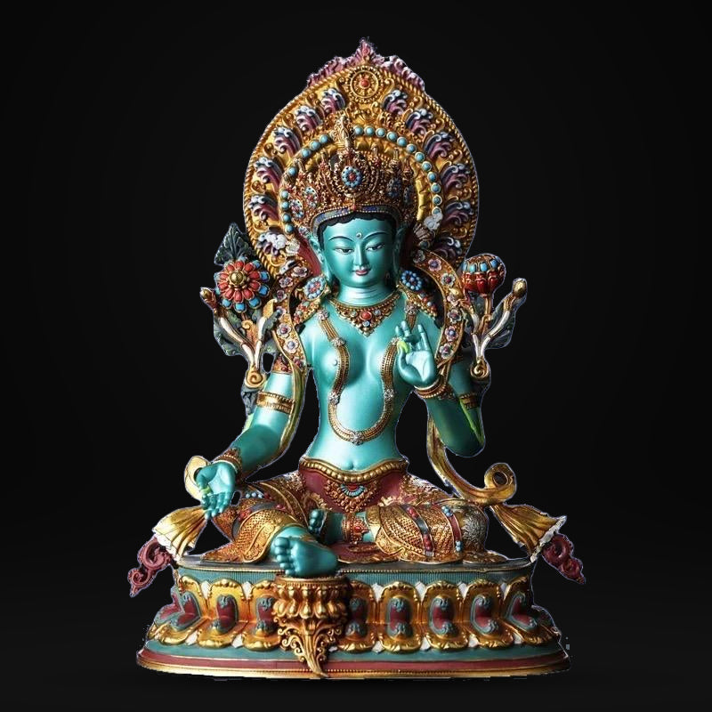 Handcrafted Green Tara Brass Statue – Nepalese Style Tibetan Buddhist Deity with Painted Back Panel (9 inch)