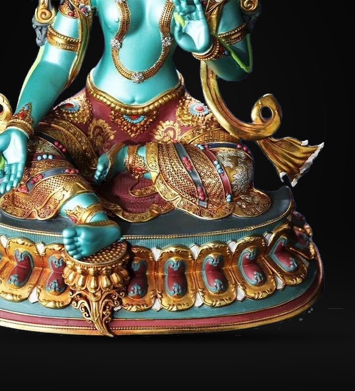 Handcrafted Green Tara Brass Statue – Nepalese Style Tibetan Buddhist Deity with Painted Back Panel (9 inch)