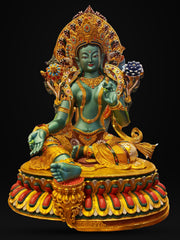 Handcrafted Green Tara Brass Statue – Nepalese Style Tibetan Buddhist Deity with Painted Back Panel (9 inch)