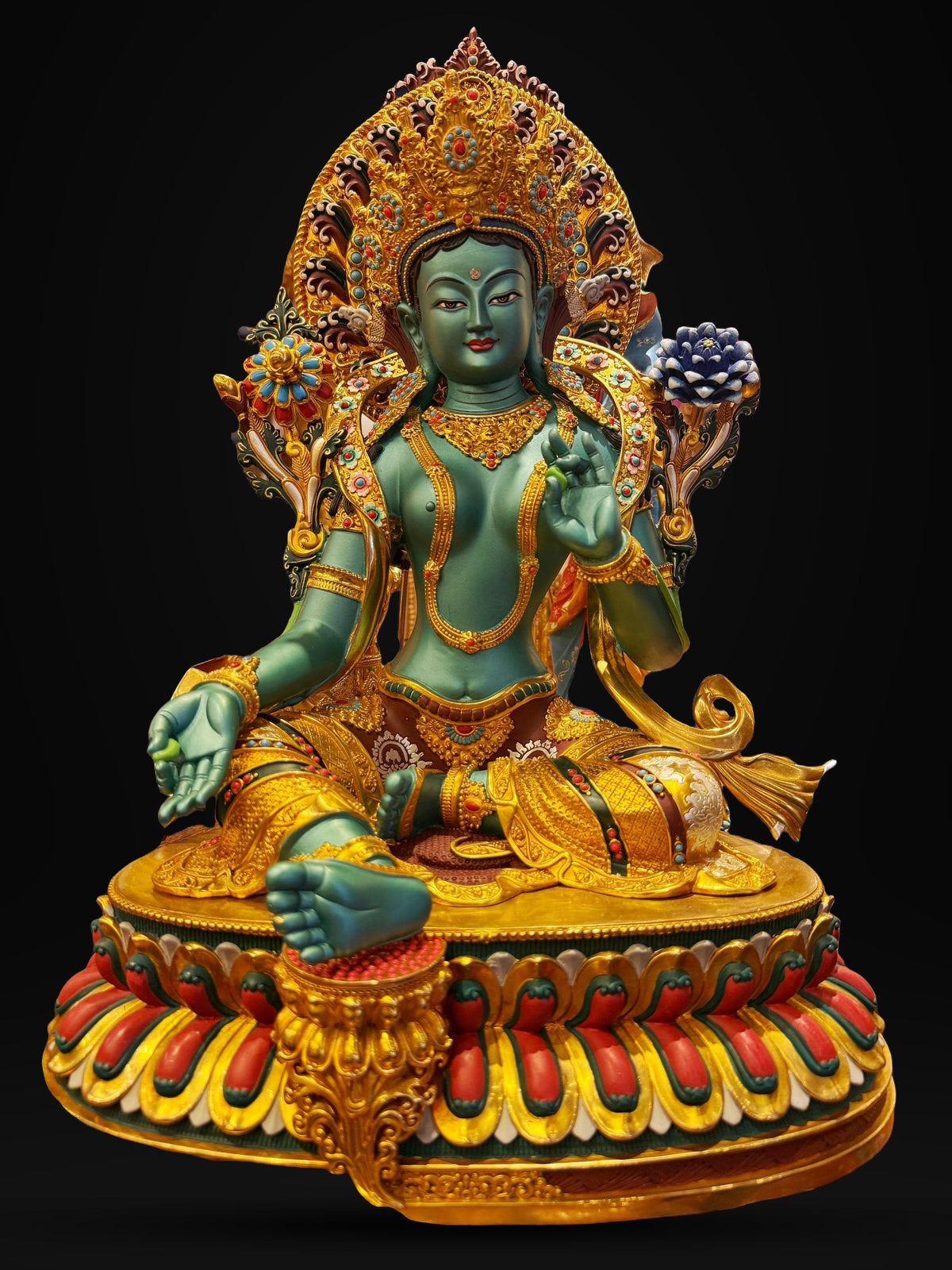 Handcrafted Green Tara Brass Statue – Nepalese Style Tibetan Buddhist Deity with Painted Back Panel (9 inch)