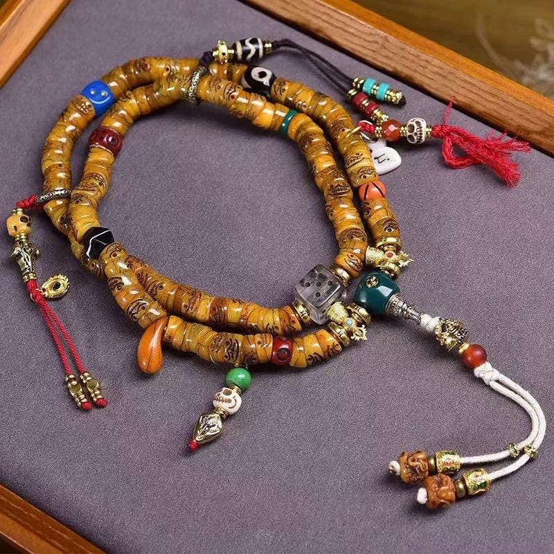 Handcrafted Tibetan Yak Bone Mala Bracelet, 108 Beads Buddhist Prayer Beads for Meditation, Yoga, and Spiritual Healing, Tibetan Jewelry