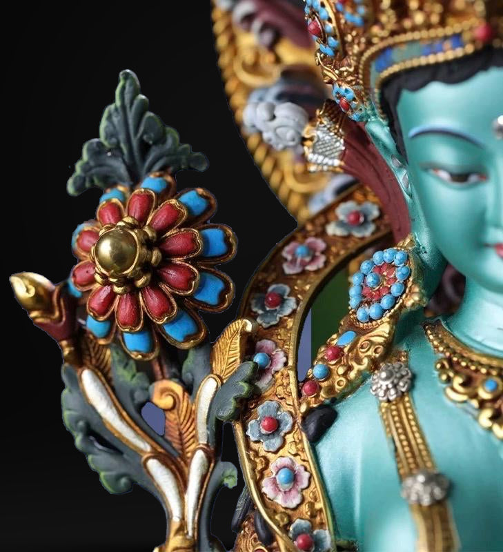 Handcrafted Green Tara Brass Statue – Nepalese Style Tibetan Buddhist Deity with Painted Back Panel (9 inch)