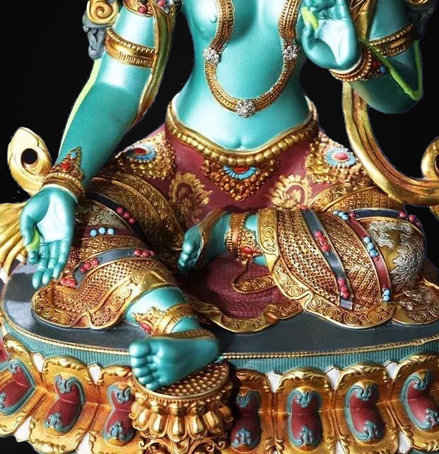 Handcrafted Green Tara Brass Statue – Nepalese Style Tibetan Buddhist Deity with Painted Back Panel (9 inch)