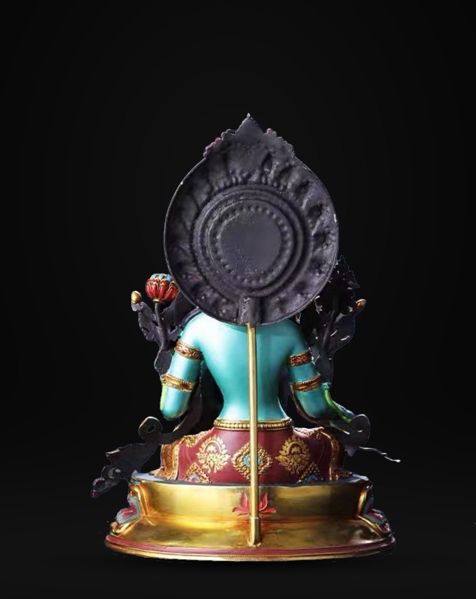 Handcrafted Green Tara Brass Statue – Nepalese Style Tibetan Buddhist Deity with Painted Back Panel (9 inch)