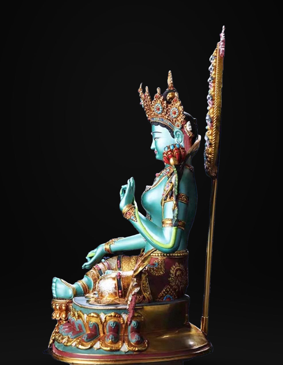 Handcrafted Green Tara Brass Statue – Nepalese Style Tibetan Buddhist Deity with Painted Back Panel (9 inch)