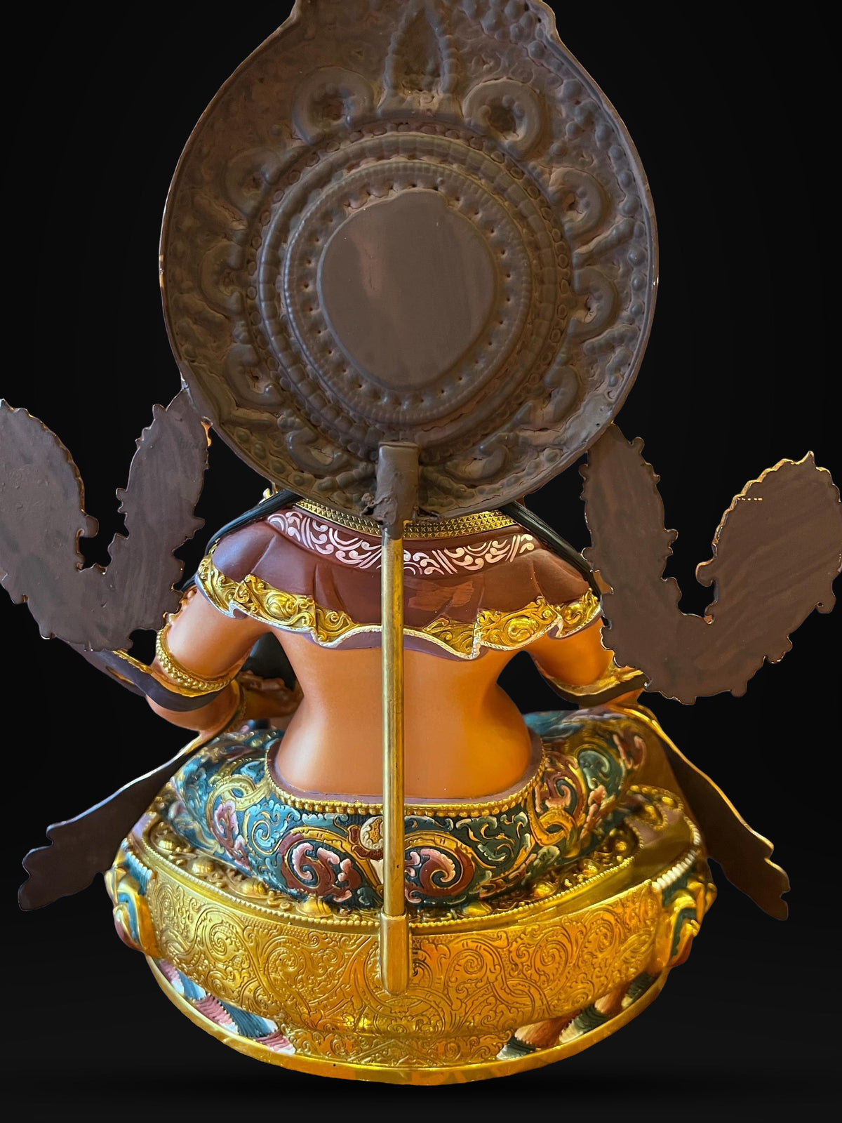 Handcrafted Yellow Dzambhal Brass Statue – Nepalese Style Tibetan Buddhist Deity with Painted Back Panel (9 inch)