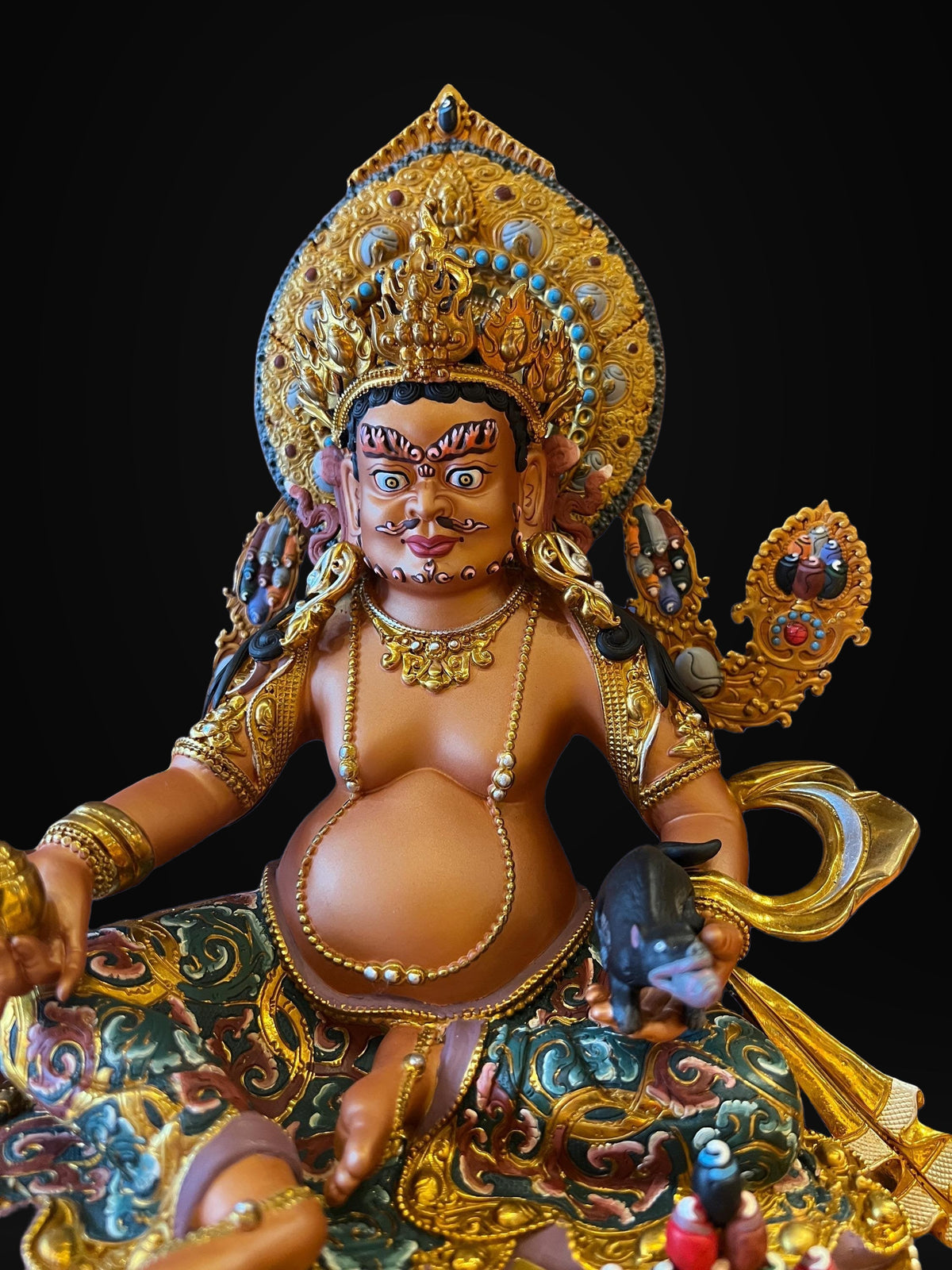 Handcrafted Yellow Dzambhal Brass Statue – Nepalese Style Tibetan Buddhist Deity with Painted Back Panel (9 inch)