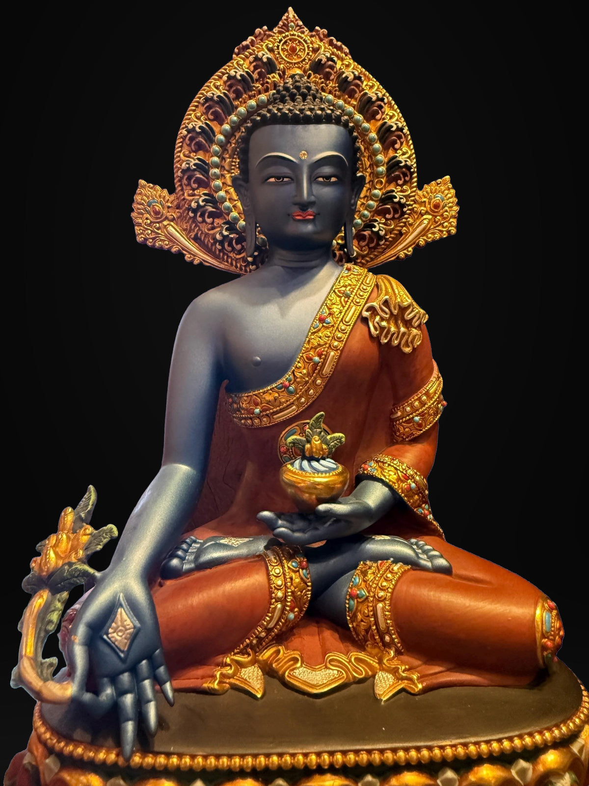 Handcrafted Blue Medicine Buddha Statue – Nepalese Style Tibetan Buddhist Deity with Painted Back Panel (9 inch)