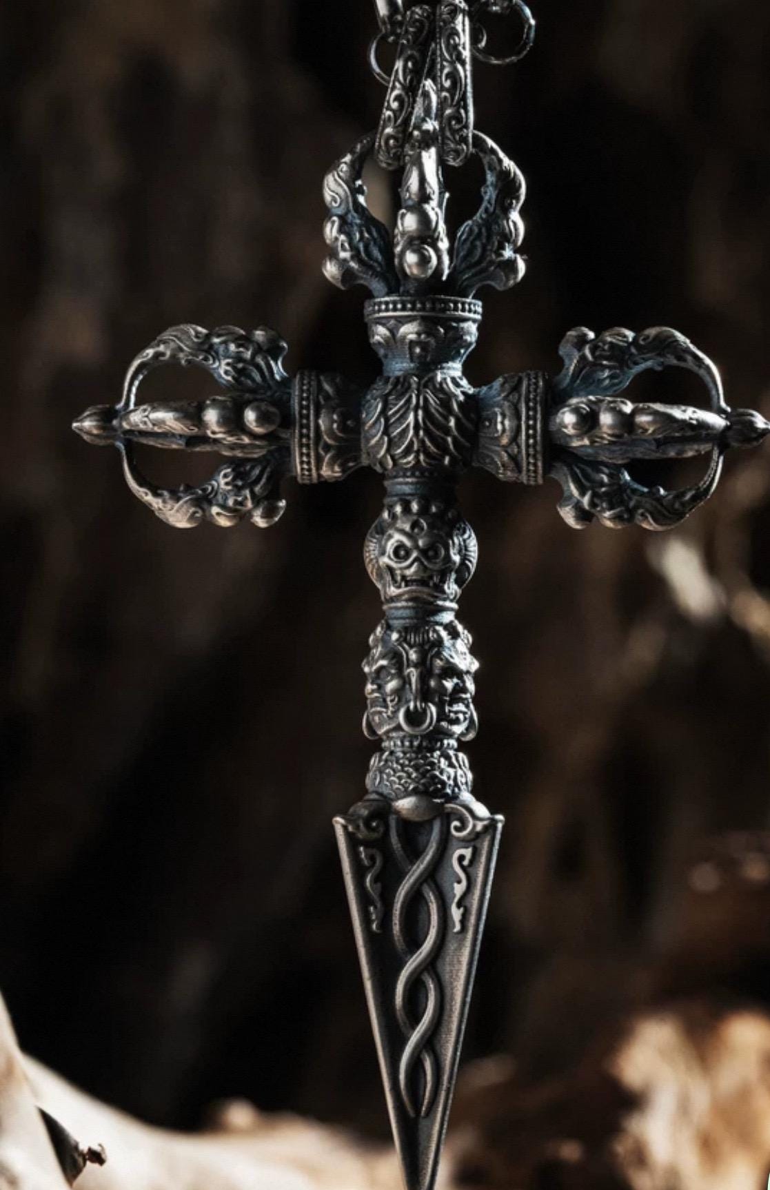 Silver Tibetan Phurba Pendant, Vajra Kila Ritual Dagger Necklace, Handcrafted Spiritual Amulet, Buddhist Jewelry Gift