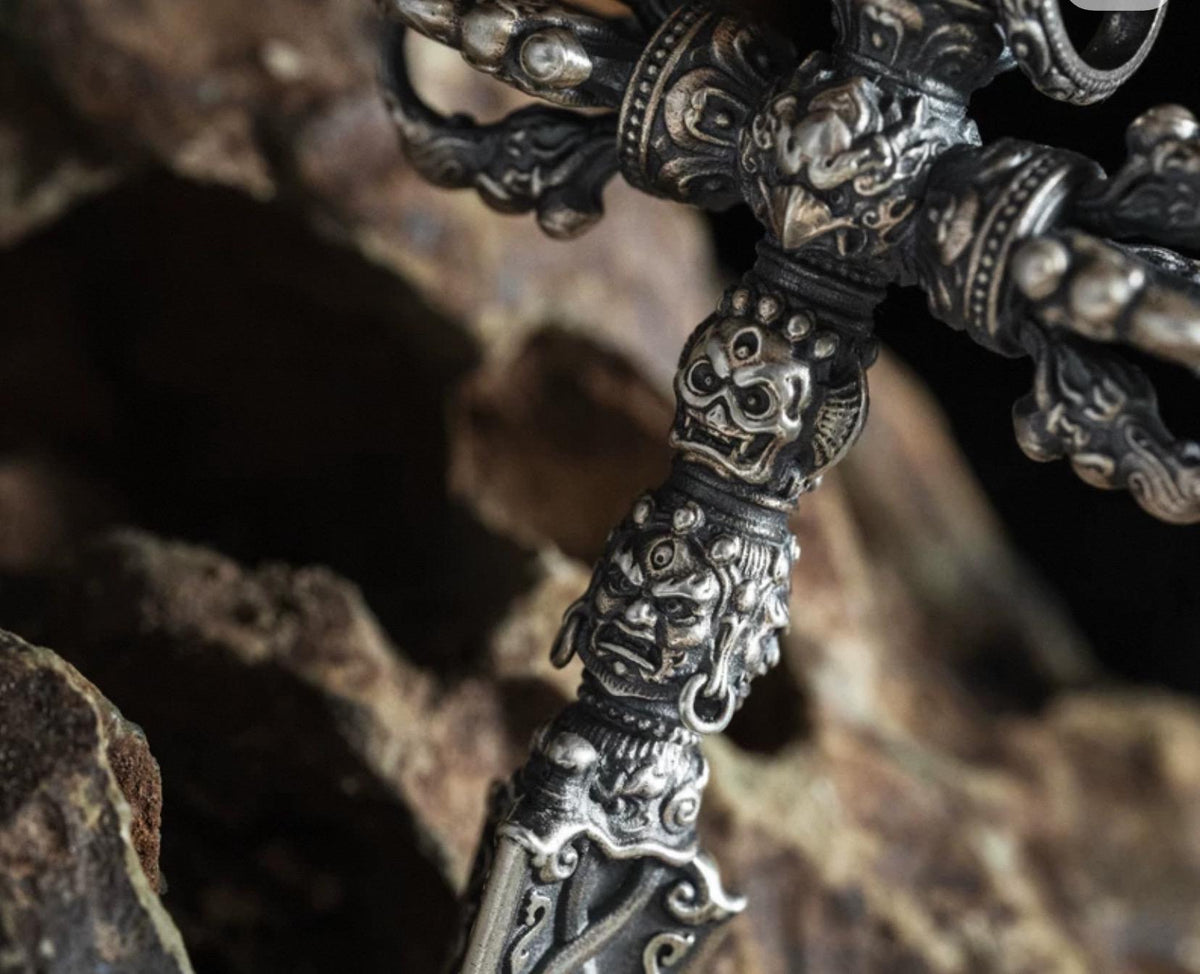 Silver Tibetan Phurba Pendant, Vajra Kila Ritual Dagger Necklace, Handcrafted Spiritual Amulet, Buddhist Jewelry Gift