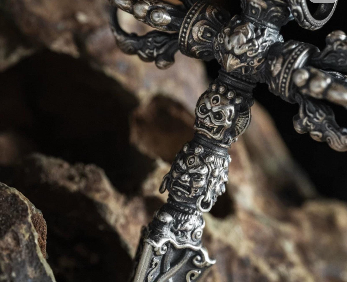 Silver Tibetan Phurba Pendant, Vajra Kila Ritual Dagger Necklace, Handcrafted Spiritual Amulet, Buddhist Jewelry Gift