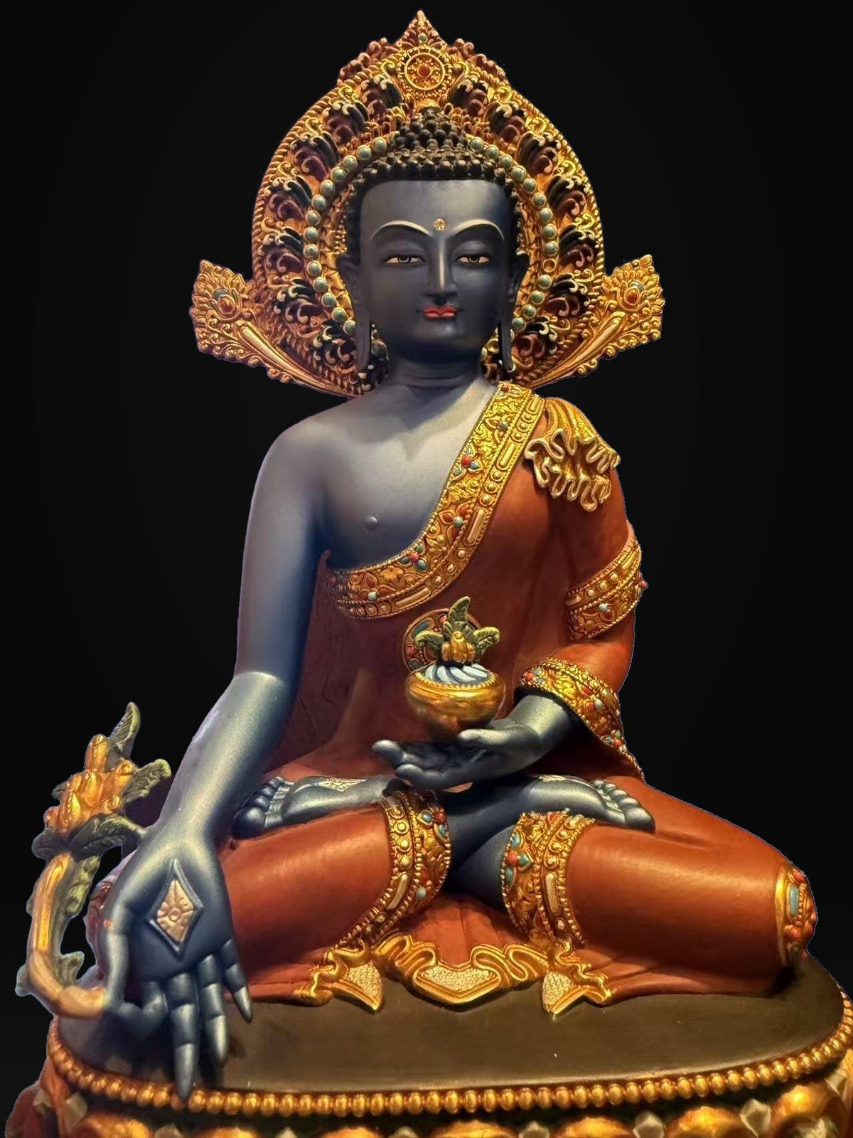 Handcrafted Blue Medicine Buddha Statue – Nepalese Style Tibetan Buddhist Deity with Painted Back Panel (9 inch)