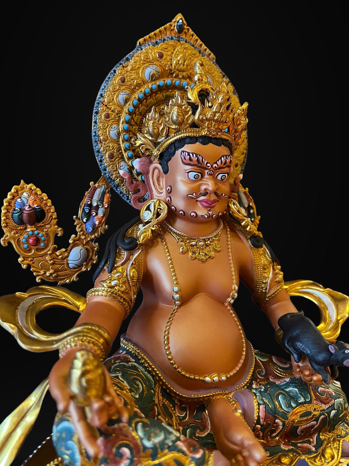 Handcrafted Yellow Dzambhal Brass Statue – Nepalese Style Tibetan Buddhist Deity with Painted Back Panel (9 inch)