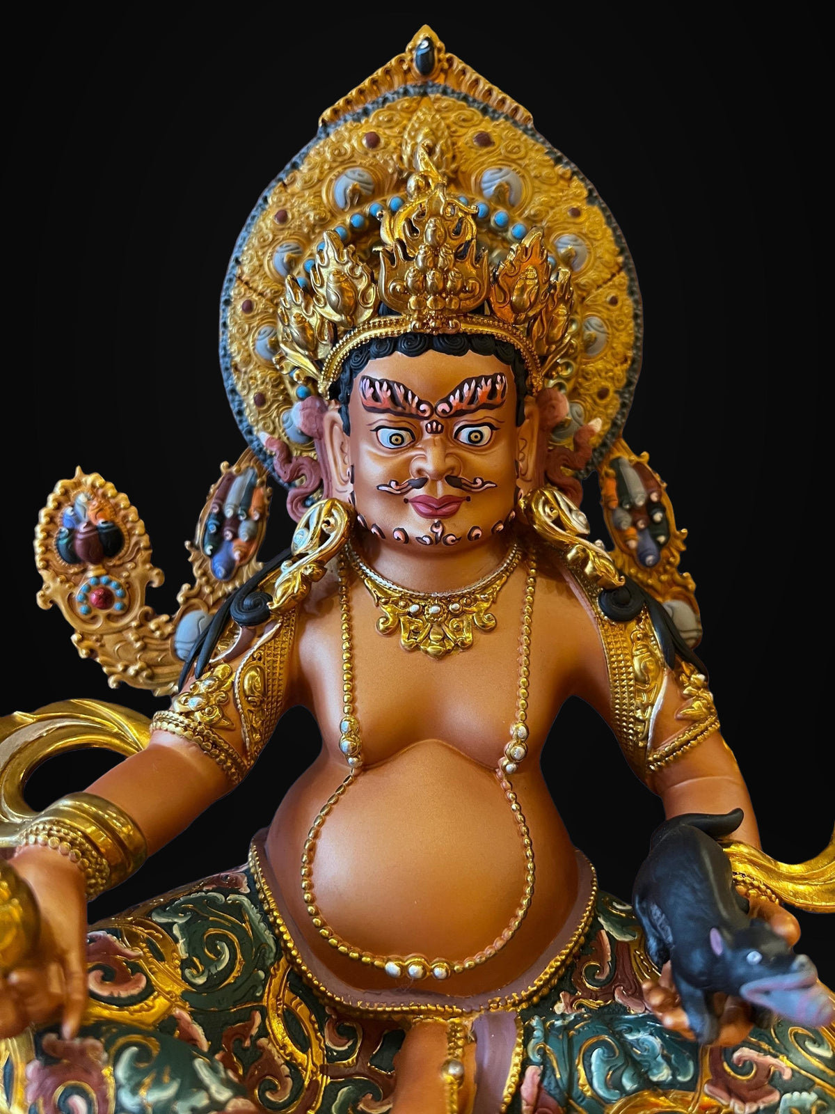 Handcrafted Yellow Dzambhal Brass Statue – Nepalese Style Tibetan Buddhist Deity with Painted Back Panel (9 inch)