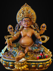Handcrafted Yellow Dzambhal Brass Statue – Nepalese Style Tibetan Buddhist Deity with Painted Back Panel (9 inch)