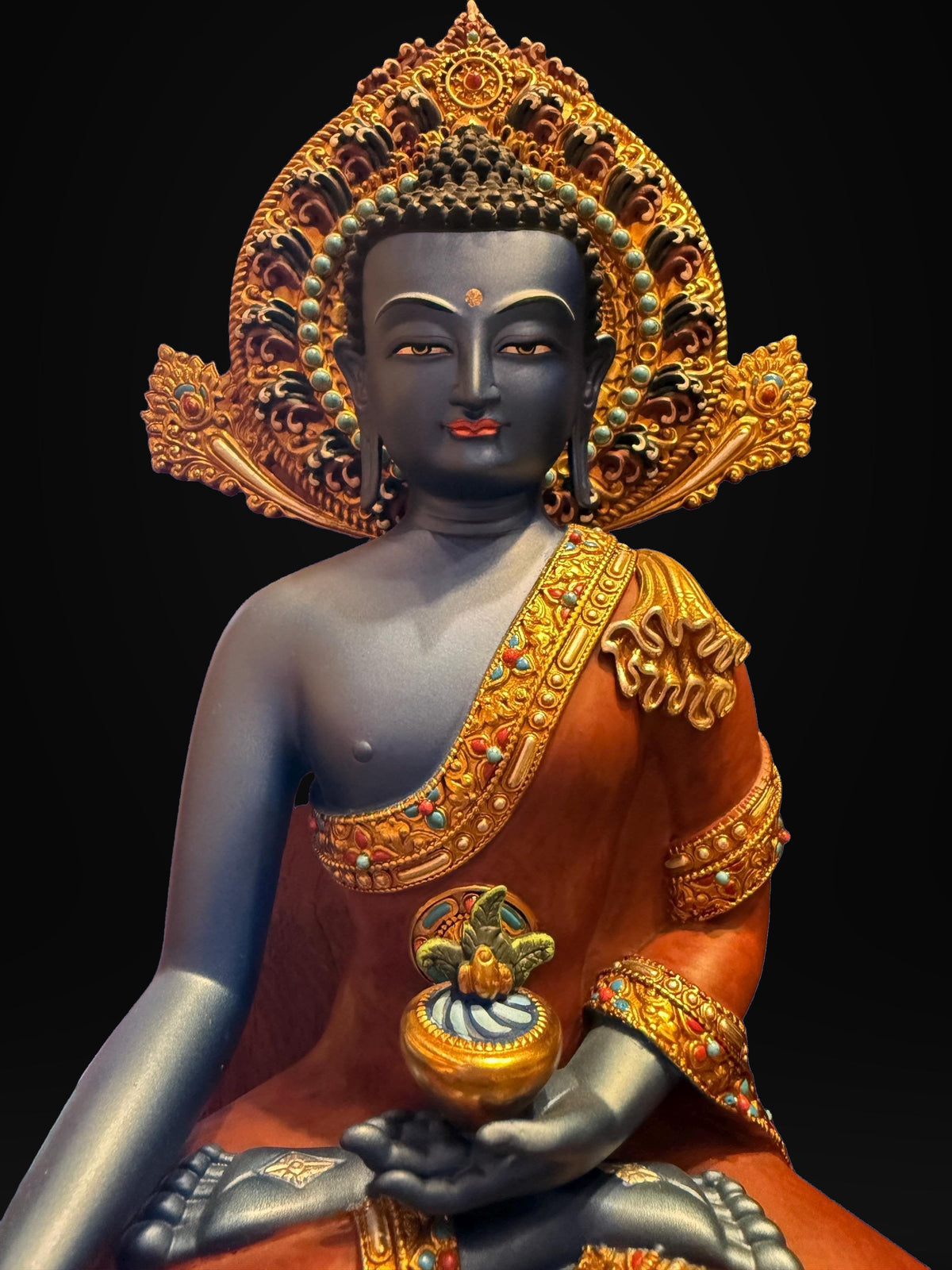 Handcrafted Blue Medicine Buddha Statue – Nepalese Style Tibetan Buddhist Deity with Painted Back Panel (9 inch)