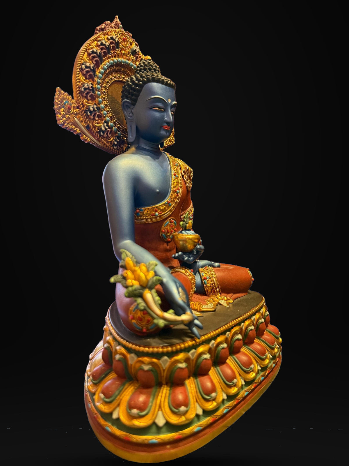 Handcrafted Blue Medicine Buddha Statue – Nepalese Style Tibetan Buddhist Deity with Painted Back Panel (9 inch)