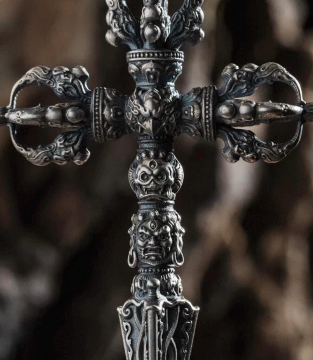 Silver Tibetan Phurba Pendant, Vajra Kila Ritual Dagger Necklace, Handcrafted Spiritual Amulet, Buddhist Jewelry Gift