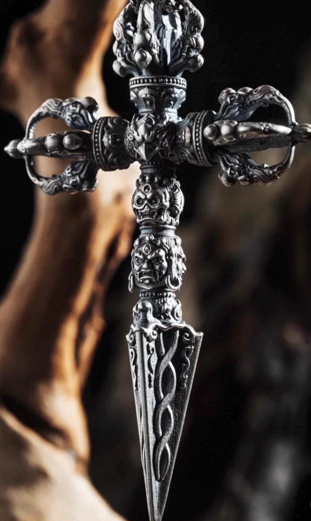 Silver Tibetan Phurba Pendant, Vajra Kila Ritual Dagger Necklace, Handcrafted Spiritual Amulet, Buddhist Jewelry Gift