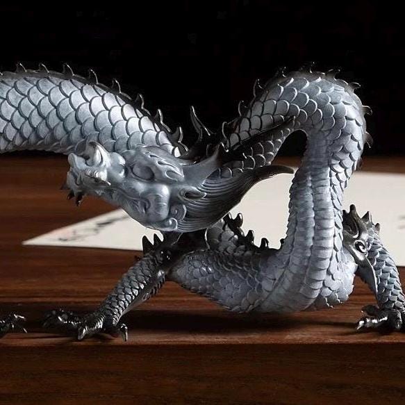 Brass Dragon Loong Statue, Tibetan Handcrafted Copper Good Fortune Protection Figurine, Office Home Decor Unique Gift Desk Decor