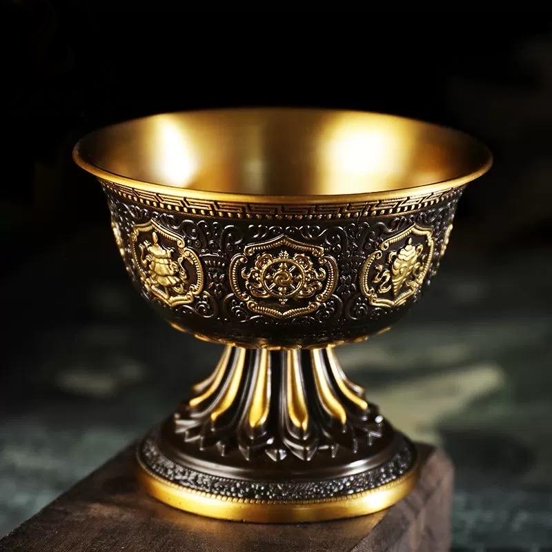 Handcrafted Tibetan Vibtage Brass Offering Bowl with Eight Auspicious Symbols High-Footed Water Cup for Altar Ritual Use