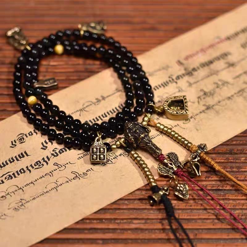 Tibetan Black Agate & Tiger Eye Mala 108 Beads Necklace Bracelet 6mm Buddhist Prayer Beads Yoga Meditation Jewelry