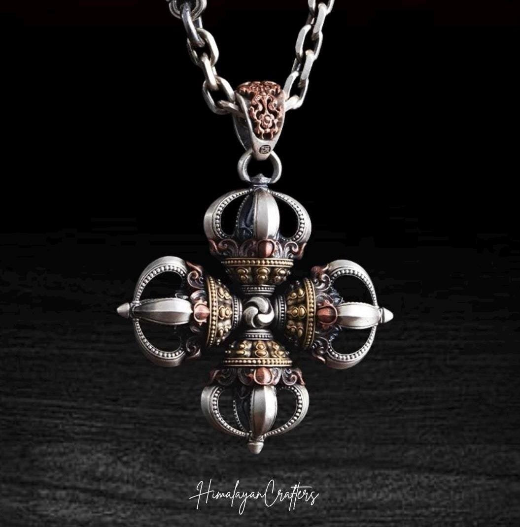 Tibetan Vajra Pendant S925 Silver Buddhist Amulet Protective Dorje Necklace Spiritual Meditation Talisman Handmade Himalayan Jewelry