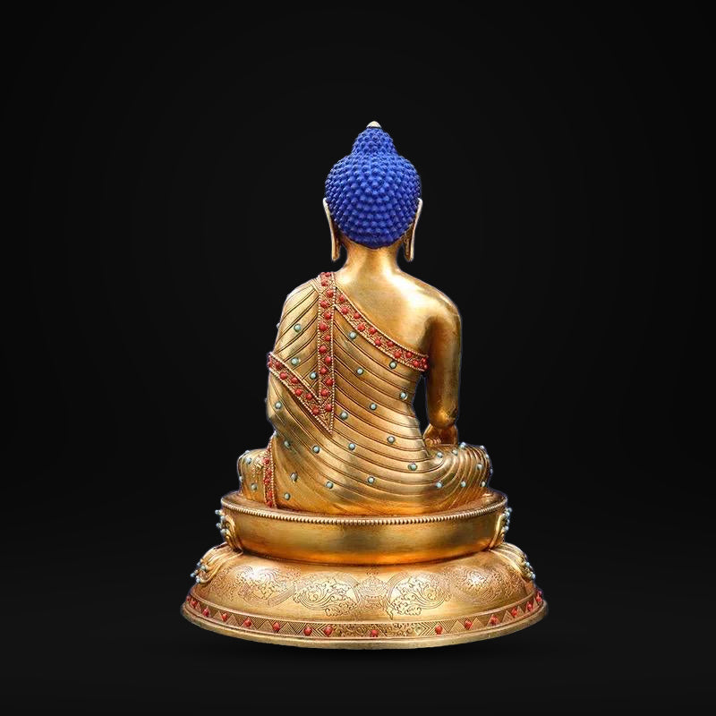 Tibetan Shakyamuni Buddha Statue – Brass Gilded Double Lotus with Gemstone Inlay – Buddhist Altar Decor, Meditation Shrine Gift