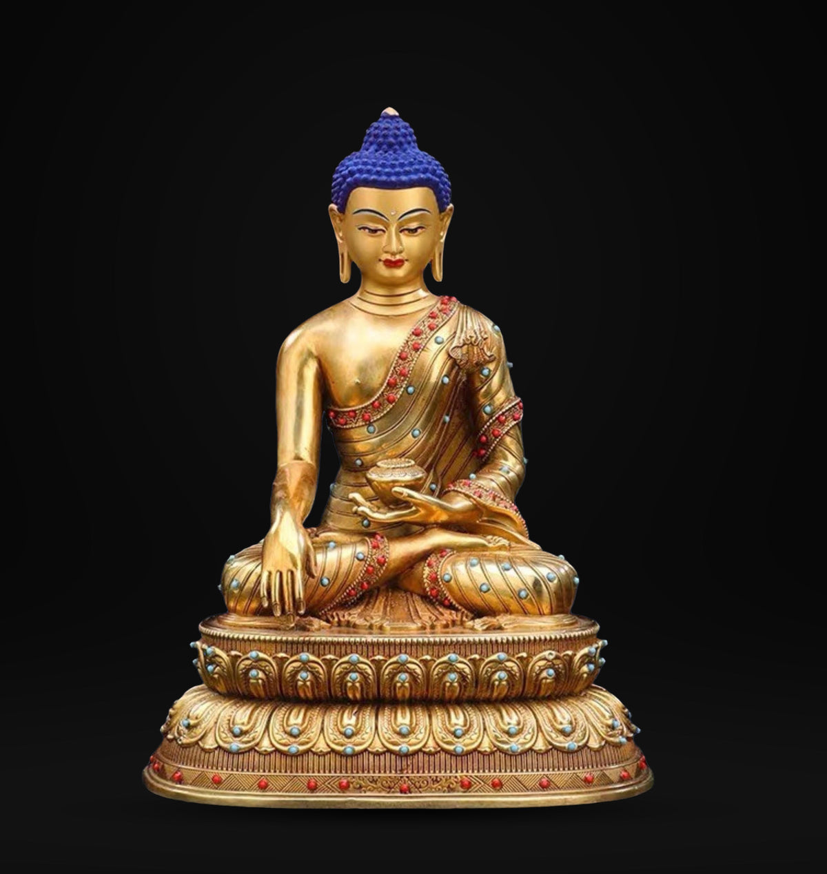 Tibetan Shakyamuni Buddha Statue – Brass Gilded Double Lotus with Gemstone Inlay – Buddhist Altar Decor, Meditation Shrine Gift