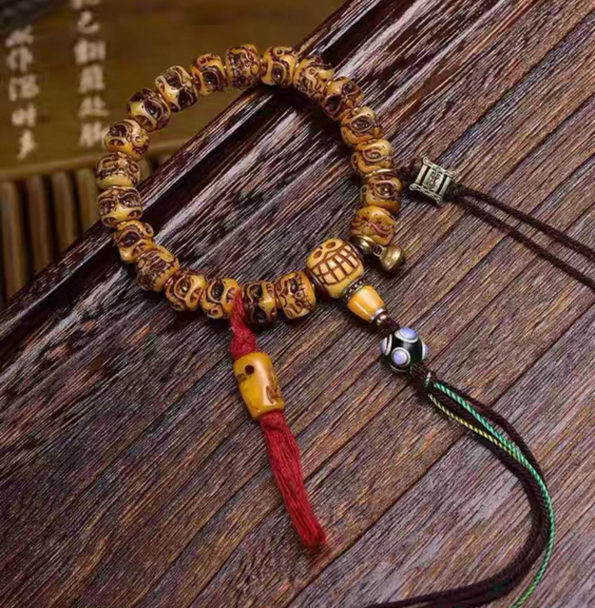 Handcrafted Tibetan Skull Mala Bracelet Yak Bone Amulet Beads