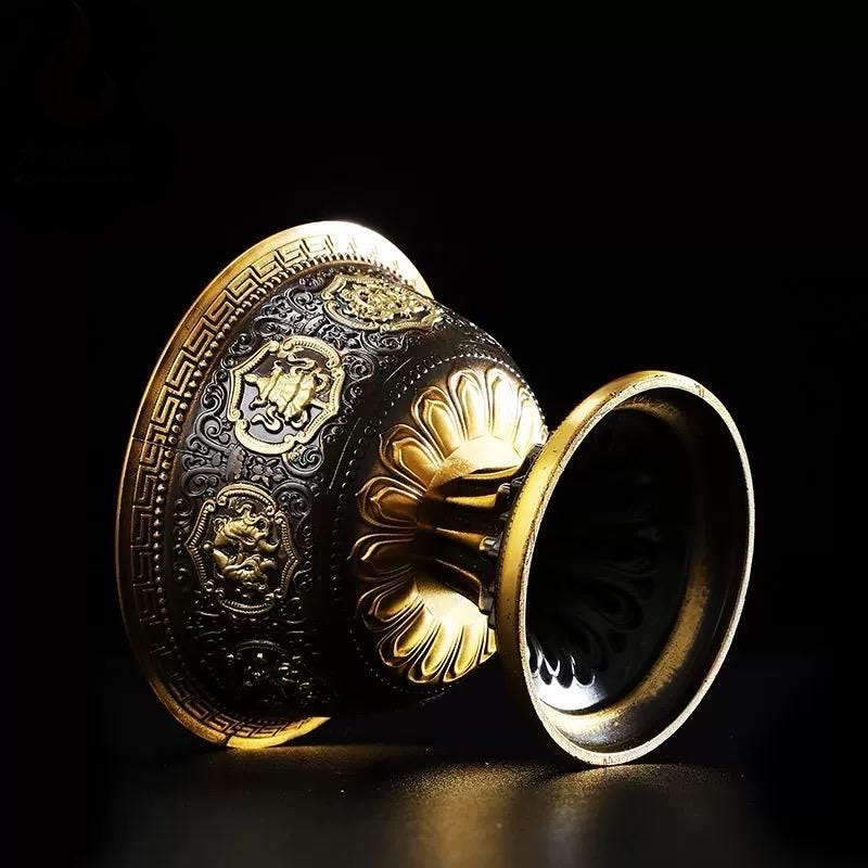 Handcrafted Tibetan Vibtage Brass Offering Bowl with Eight Auspicious Symbols High-Footed Water Cup for Altar Ritual Use