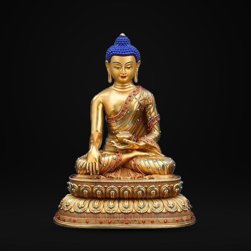 Tibetan Shakyamuni Buddha Statue – Brass Gilded Double Lotus with Gemstone Inlay – Buddhist Altar Decor, Meditation Shrine Gift