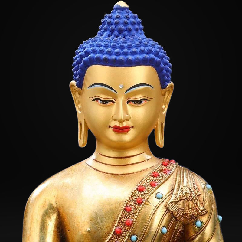 Tibetan Shakyamuni Buddha Statue – Brass Gilded Double Lotus with Gemstone Inlay – Buddhist Altar Decor, Meditation Shrine Gift