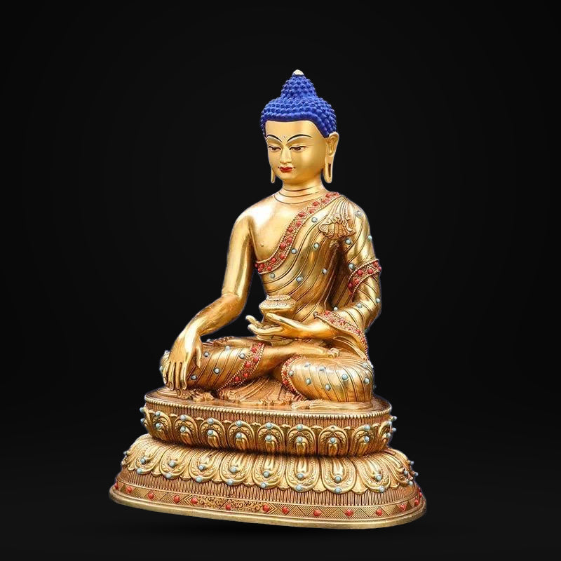 Tibetan Shakyamuni Buddha Statue – Brass Gilded Double Lotus with Gemstone Inlay – Buddhist Altar Decor, Meditation Shrine Gift