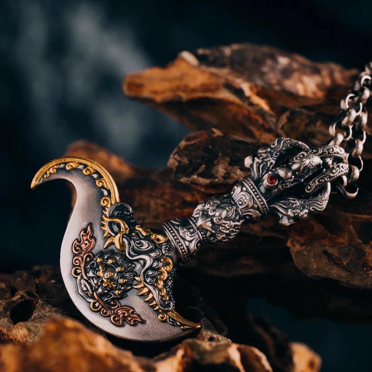 Tibetan Mahākāla Vajra Axe Pendant Sterling Silver Amulet Necklace