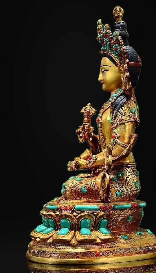 Vajrasattva Statue | Full Gilded Copper Buddha with Gem Inlay | Tibetan Buddhist Home Altar Decor
