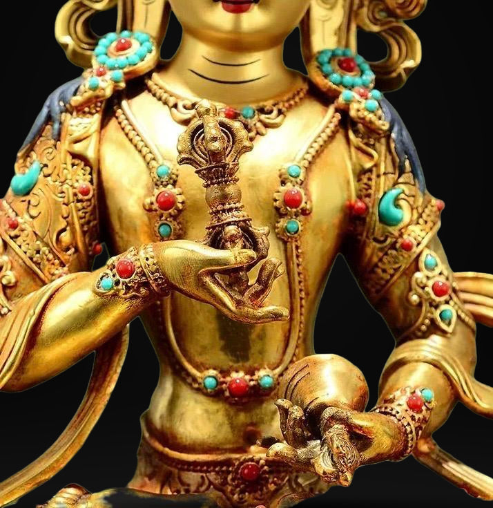 Vajrasattva Statue | Full Gilded Copper Buddha with Gem Inlay | Tibetan Buddhist Home Altar Decor